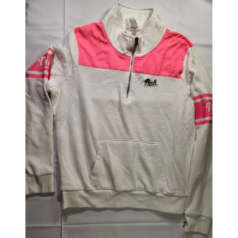Victoria's Secret PINK Quarter Zip Pullover Sweatshirt White Pink Women's Large